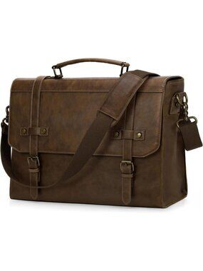 Men's Dark Brown 17 Inch Leather Computer Briefcase Waterproof Messenger Bag